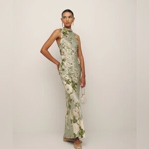 Reformation Anaiis Silk Dress in Tarragon Green White Floral Maxi Size 8 NEW NWT